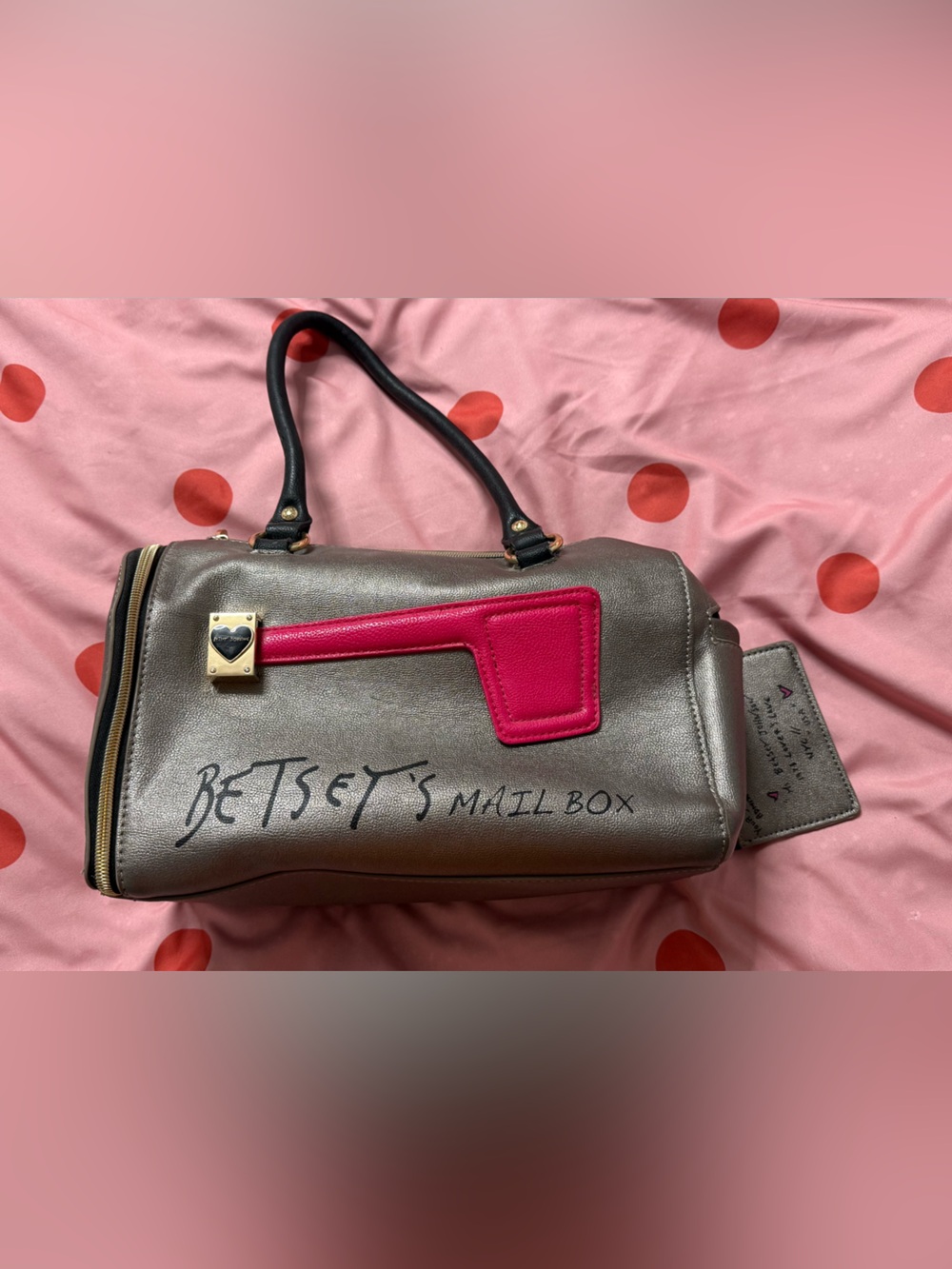 Betsey Johnson Metallic Gray Satchel with Hot Pink Mailbox Accent